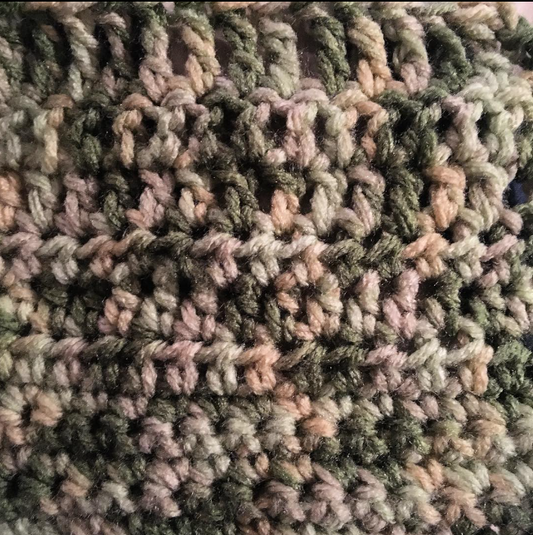 A close-up photograph of single, half double, double, and treble crochet stitches in a variegated green and beige yarn.